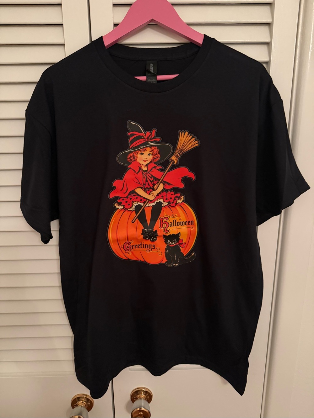 Black Halloween Retro Witch Tee with Pumpkin Graphic